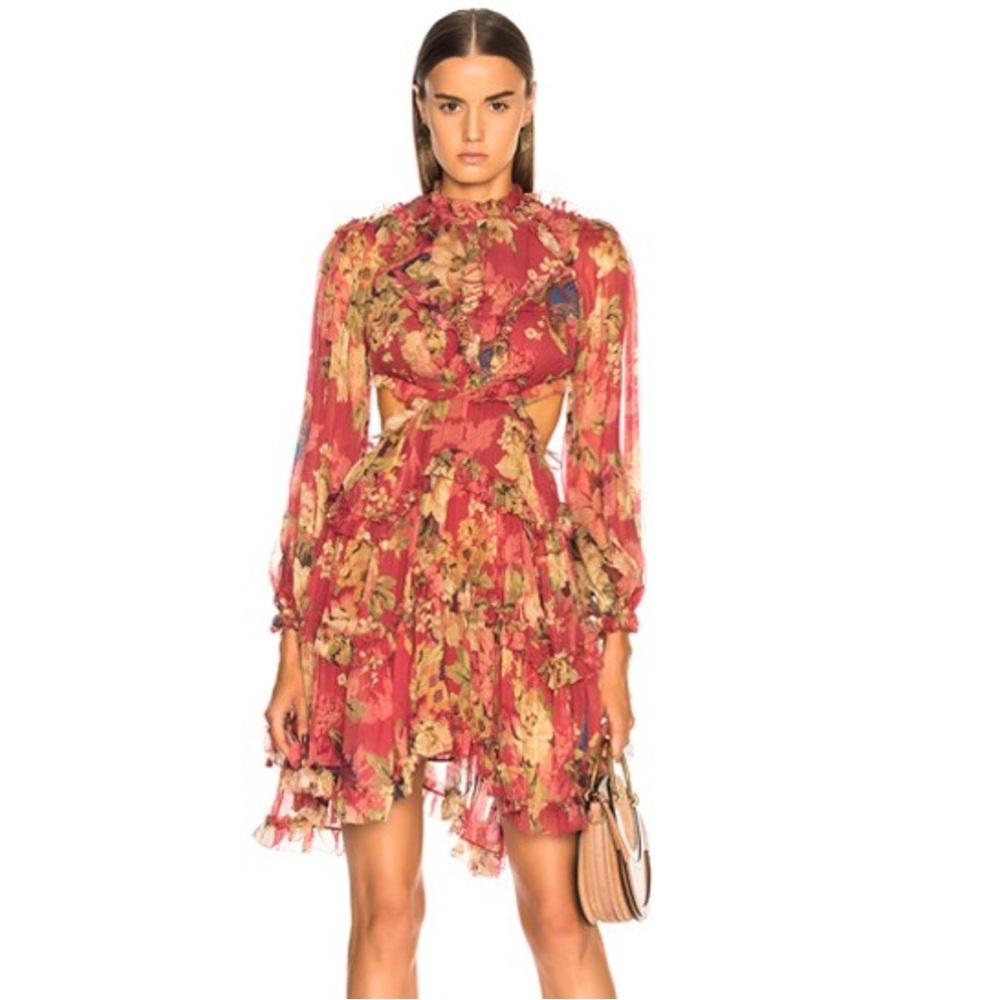 Zimmerman Melody Lace Up Short Dress in Burgundy Floral
